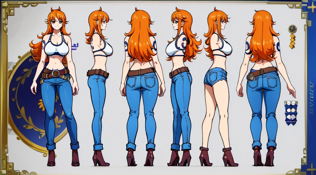 ((Best Quality)), ((Masterpiece)), (((detailed character sheet, frontal view, side view, three quarter view))) white background、one piece、US、whole body、whole bodyイラスト、whole bodyアニメーション、whole bodyリファレンスシート、denim、Tank top、High heels、Swimwear、bikini、original、New World、Long Hair、Orange Hair、Tattoo on left arm、Ring belt、Heighten your head、smile、Cute face、Narrow waist、Long legs、Beautiful feet、
