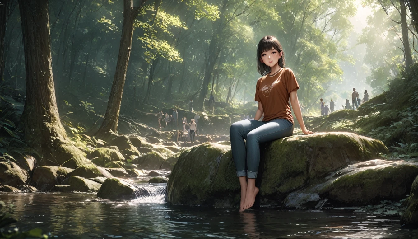 (Highest quality, masterpiece:1.2), Very detailed, Realistic:1.37, 8K, High resolution, Very detailed背景, Silhouette of a girl walking through a stream in a woodland, (Short sleeves and long pants、Jeans on a t-shirt), Forest Trees々々The sunlight shining through, A girl relaxing barefoot in a stream, Sitting on a rock, Beautiful scenery decorated with earth tones, A Hopeful Outlook, Expressions that evoke tender feelings in the viewer, Minimize depictions of people、Prioritize the view.Well-proportioned face、