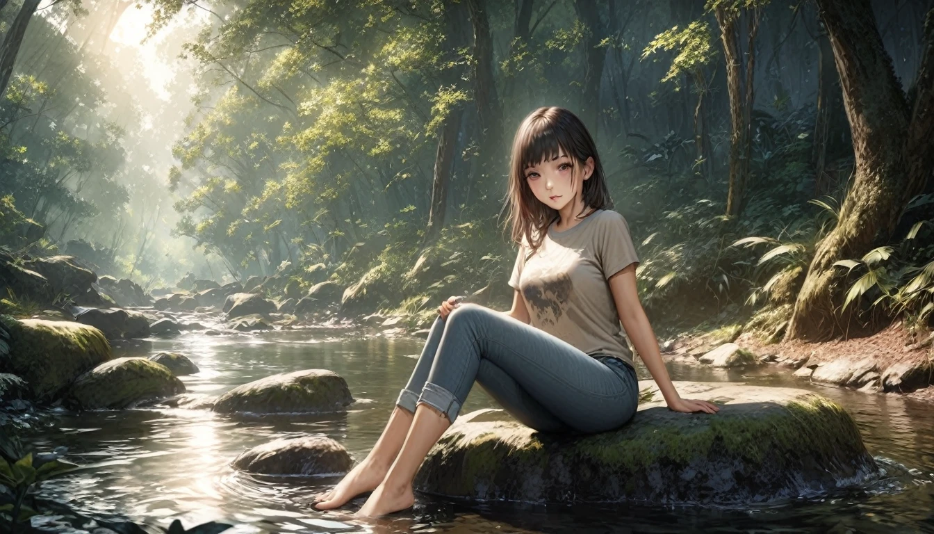 (Highest quality, masterpiece:1.2), Very detailed, Realistic:1.37, 8K, High resolution, Very detailed背景, Silhouette of a girl walking through a stream in a woodland, (Short sleeves and long pants、Jeans on a t-shirt), Forest Trees々々The sunlight shining through, A girl relaxing barefoot in a stream, Sitting on a rock, Beautiful scenery decorated with earth tones, A Hopeful Outlook, Expressions that evoke tender feelings in the viewer, Minimize depictions of people、Prioritize the view.Well-proportioned face、