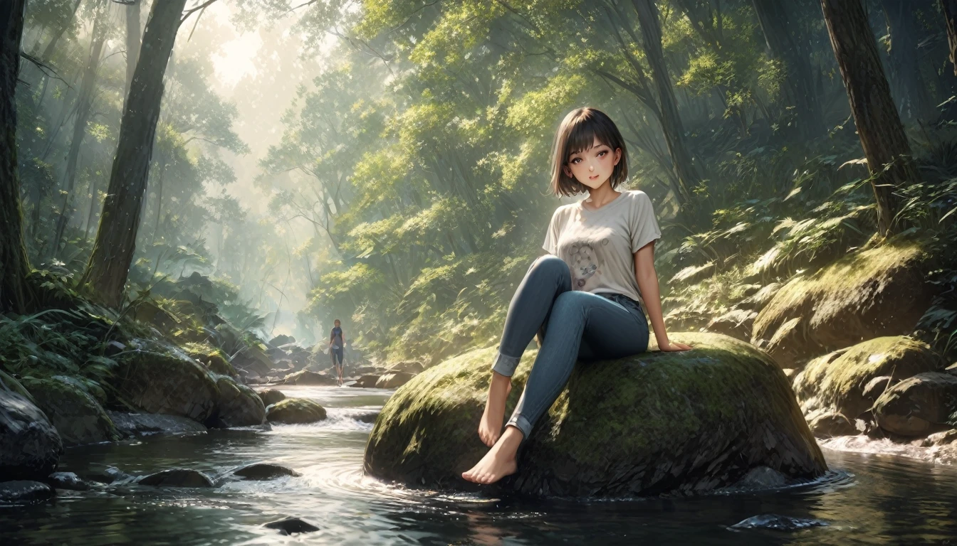 (Highest quality, masterpiece:1.2), Very detailed, Realistic:1.37, 8K, High resolution, Very detailed背景, Silhouette of a girl walking through a stream in a woodland, (Short sleeves and long pants、Jeans on a t-shirt), Forest Trees々々The sunlight shining through, A girl relaxing barefoot in a stream, Sitting on a rock, Beautiful scenery decorated with earth tones, A Hopeful Outlook, Expressions that evoke tender feelings in the viewer, Minimize depictions of people、Prioritize the view.Well-proportioned face、