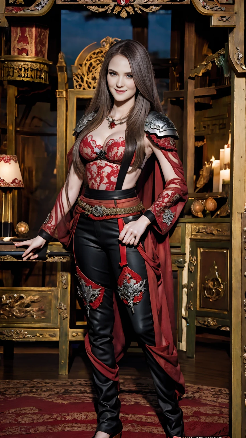 ((Full-length photo, standing, feet on the ground)) 8K、Chest armor with a red and black flame motif,An enchanting succubus wearing luxurious red armor.、A long pants with a luxurious red and black flame motif,A Arafed woman poses for a photo with a sword and armor、Beautiful wavy silver hair、Large full breasts、Chest armor with flame motif (red and silver)2。5 d cgi anime fantasy art、Fan Art Best ArtStation、Detailed Digital Anime Art、detailed fantasy art、8k fantasy art、digital fantasy art)、wlop rossdraws、artstation chengwei bread、girl in armor、epic fantasy art style、a beautiful succubus、Charming、Beautiful fangs、looking at the spectators、one captivating look、a smile、
