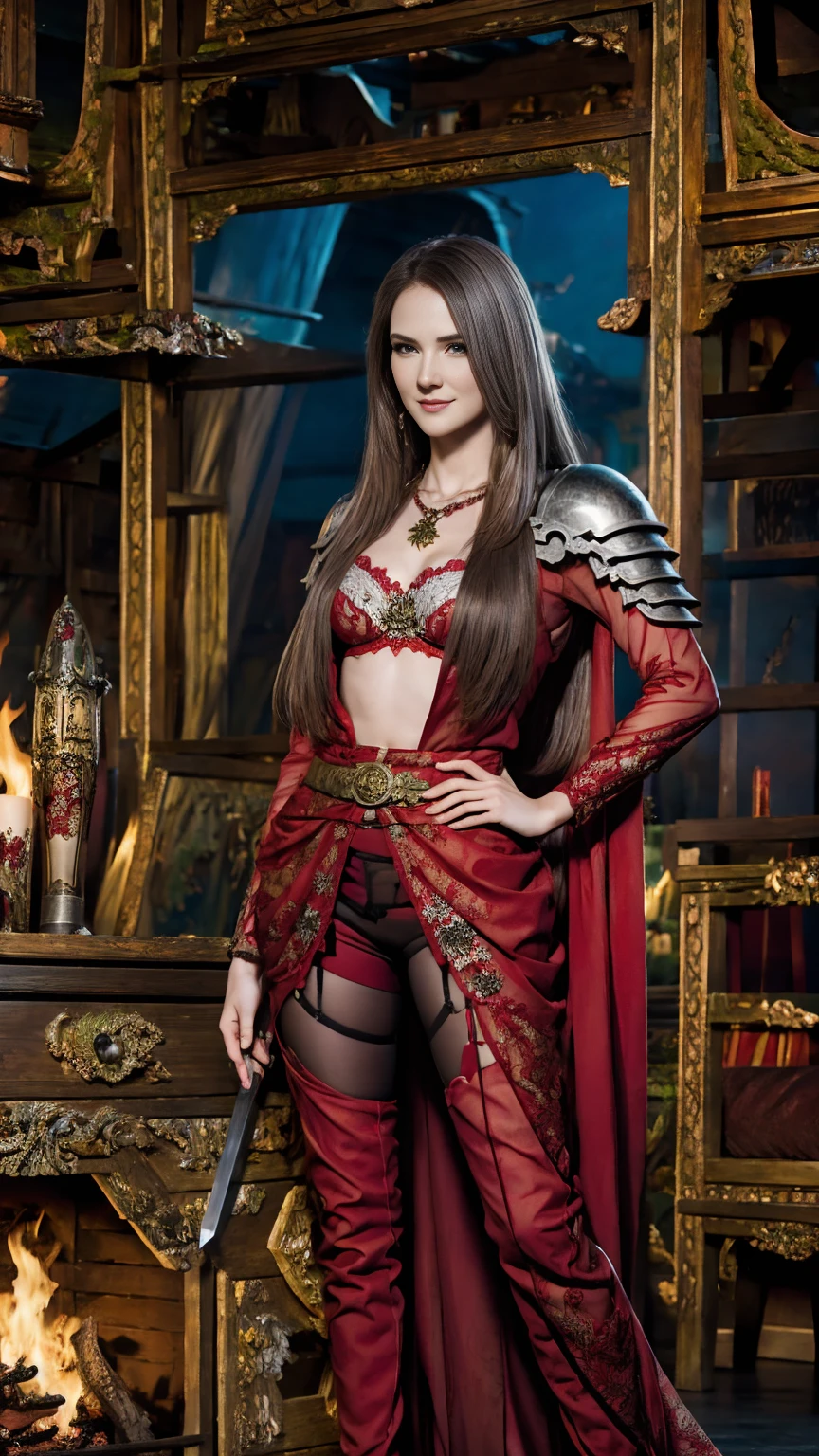 ((Full-length photo, standing, feet on the ground)) 8K、Chest armor with a red and black flame motif,An enchanting succubus wearing luxurious red armor.、A long pants with a luxurious red and black flame motif,A Arafed woman poses for a photo with a sword and armor、Beautiful wavy silver hair、Large full breasts、Chest armor with flame motif (red and silver)2。5 d cgi anime fantasy art、Fan Art Best ArtStation、Detailed Digital Anime Art、detailed fantasy art、8k fantasy art、digital fantasy art)、wlop rossdraws、artstation chengwei bread、girl in armor、epic fantasy art style、a beautiful succubus、Charming、Beautiful fangs、looking at the spectators、one captivating look、a smile、
