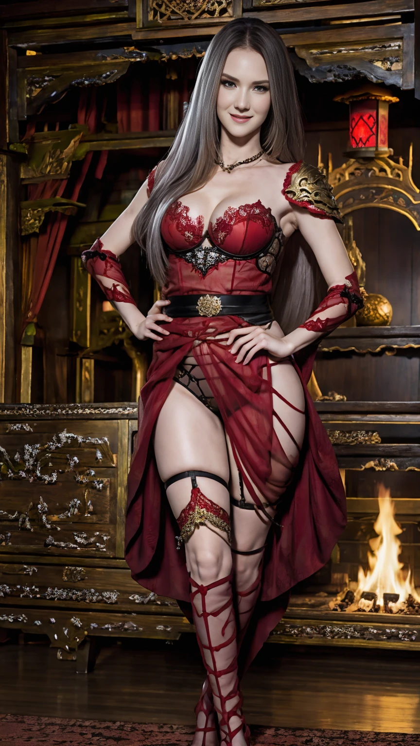 ((Full-length photo, standing, feet on the ground)) 8K、Chest armor with a red and black flame motif,An enchanting succubus wearing luxurious red armor.、A long pants with a luxurious red and black flame motif,A Arafed woman poses for a photo with a sword and armor、Beautiful wavy silver hair、Large full breasts、Chest armor with flame motif (red and silver)2。5 d cgi anime fantasy art、Fan Art Best ArtStation、Detailed Digital Anime Art、detailed fantasy art、8k fantasy art、digital fantasy art)、wlop rossdraws、artstation chengwei bread、girl in armor、epic fantasy art style、a beautiful succubus、Charming、Beautiful fangs、looking at the spectators、one captivating look、a smile、
