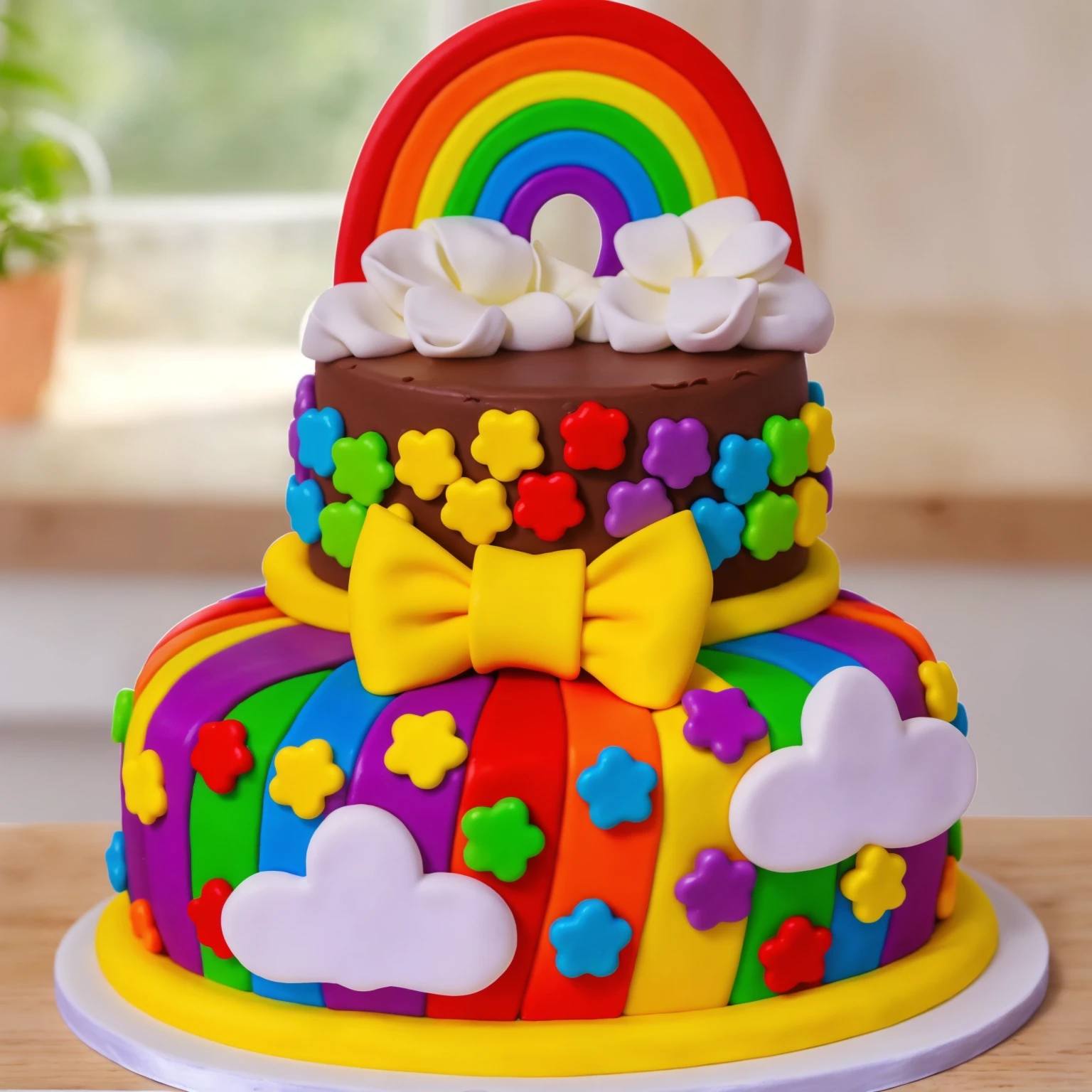 on a wooden table, two-tier cake on a white plate. chocolate cake. polymer clay cake decor, rainbow stripes, rainbow stars, white glazes made of polymer clay, Yellow bow, polymer clay rainbow, brown cream near a rainbow in the shape of clouds, against the background of the kitchen, against the background of the window, Beautiful light from the window, Beautiful sunlight, bright lighting, there is a vase with a plant on a wooden table. Realistic style, realistic texture, detailed texture, high quality, A high resolution, macro photography, ultra hd 4k,