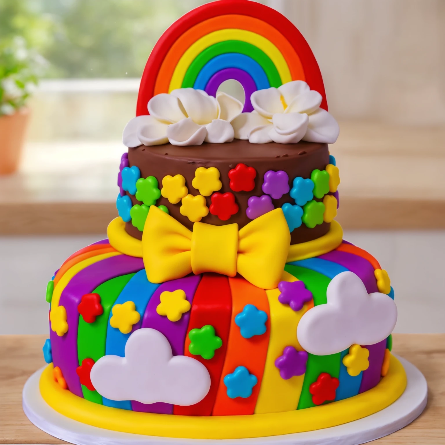 on a wooden table, two-tier cake on a white plate. chocolate cake. polymer clay cake decor, rainbow stripes, rainbow stars, white glazes made of polymer clay, Yellow bow, polymer clay rainbow, brown cream near a rainbow in the shape of clouds, against the background of the kitchen, against the background of the window, Beautiful light from the window, Beautiful sunlight, bright lighting, there is a vase with a plant on a wooden table. Realistic style, realistic texture, detailed texture, high quality, A high resolution, macro photography, ultra hd 4k, 