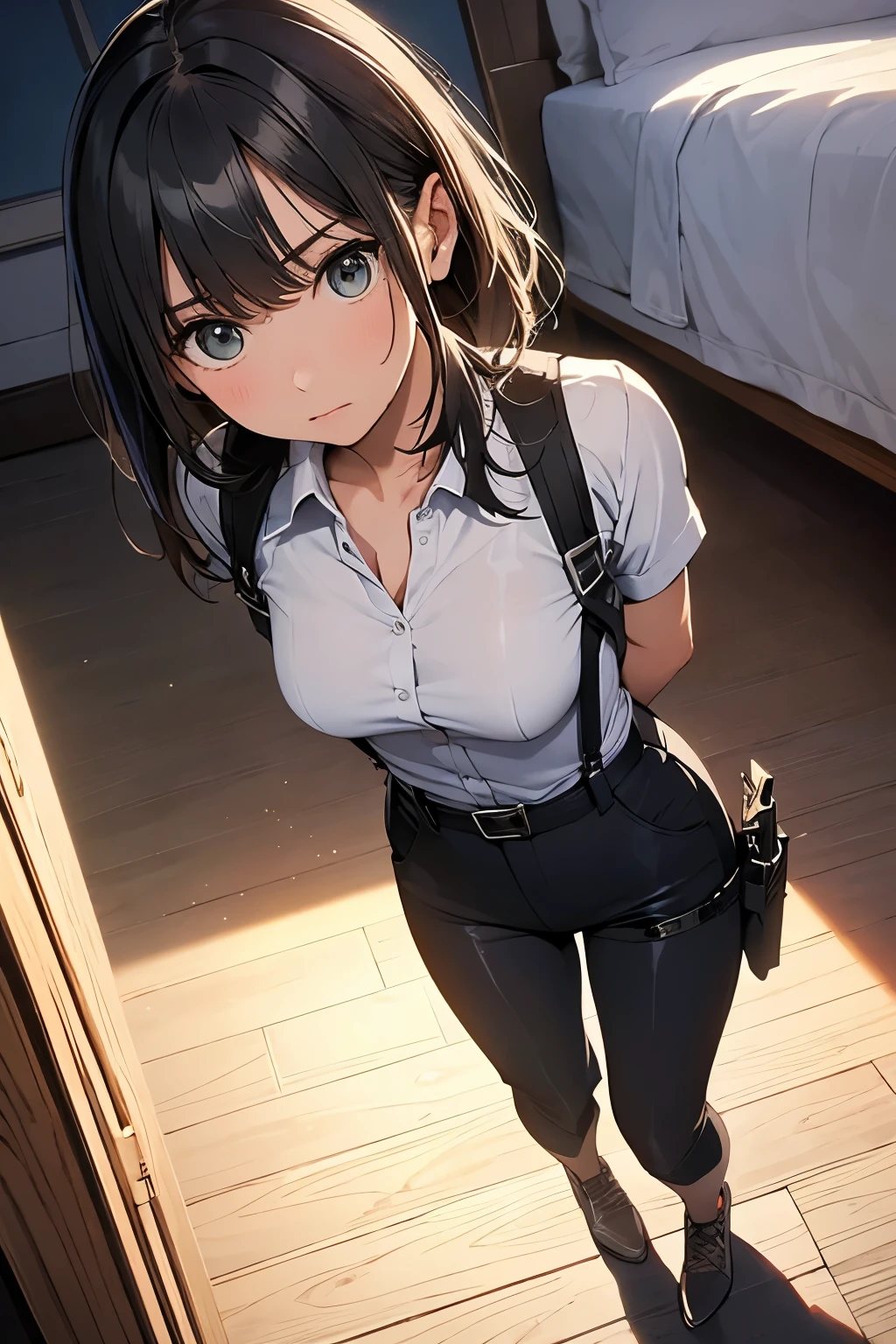 high quality, masterpiece, Ultra-high resolution, (realism: 1.4), Oil painting style, Cinema Lighting, I stood on the empty asphalt road and looked at it., , And the suspenders with the cranes flying Moderate breasts Small face holster Lying in bed Looking up Sweat belt summer 脇Sweat Black Hole Gloves suit shirt Black jacket Black trousers Leg Links ズボンにbelt holster Hands behind your back Anxious expression Looking up Anxious face, no resistance Hands behind your back