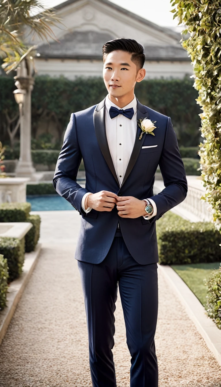 "Create a full-body illustration of an Asian groom, showcasing him from head to toe. The groom should be dressed in a sharp, tailored suit in a classic color like black, navy, or charcoal. The suit should include a well-fitted jacket, crisp dress shirt, and a tie or bow tie, with the option of a pocket square for added elegance. His hair should be neatly styled, and he can wear subtle accessories such as a watch or cufflinks. The background should be sophisticated and complement the groom's attire, perhaps featuring elements like a classic wedding venue or elegant decor to enhance the overall aesthetic of the image."