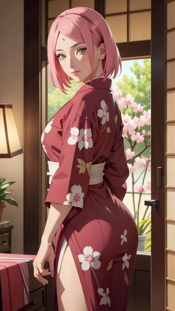 wearing a sexy red yukata,(High detail:1 1), natural skin, preety face, High quality, photo from behind, Sakura, showing ass, thicc ass, Pink hair, short detailed hair,green eyes,(smile:1.2),Red face,bending over, laying down,sexy figure,Perfect body,gorgeous eyes, (detailed face and eyes), (Face: 1 2), Real Photo, Lamp Film Photography, Sharp Focus, High Contrast Lighting, Sensitive Skin, High Definition 8K, Crazy Details, Realistic, Professional Photography, 8K UHD, SLR camera, soft lighting, high quality, sakura, sakura Haruno