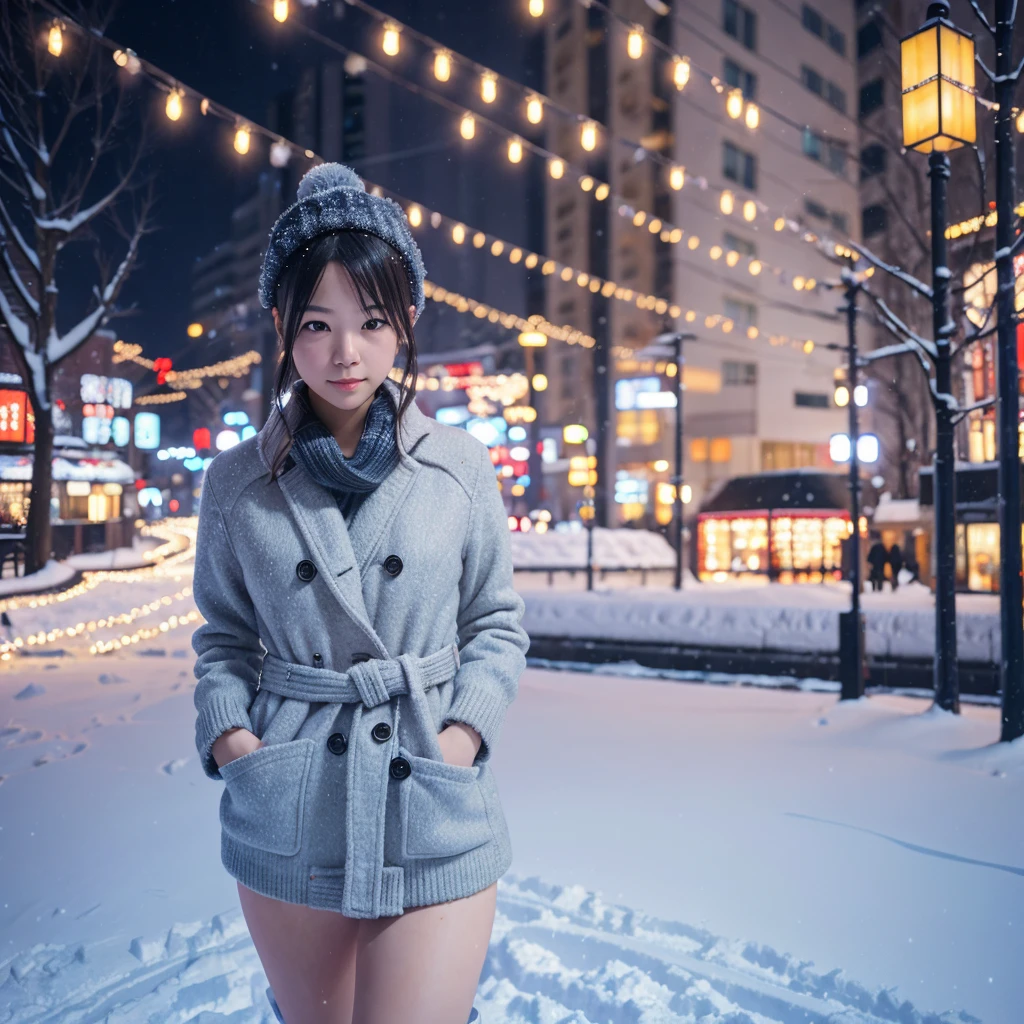 (No People), Unattended, No One, Landscape, Winter, Christmas, City, Tokyo, Sidewalk, Snow, Light Up, Night, HD Detail, Ultra Detail, Film, Hyper Realism, Soft Light, Deep Focus Bokeh, Ray Tracing, Art Station pixivgwise, Makoto Shinkai, Art Germ