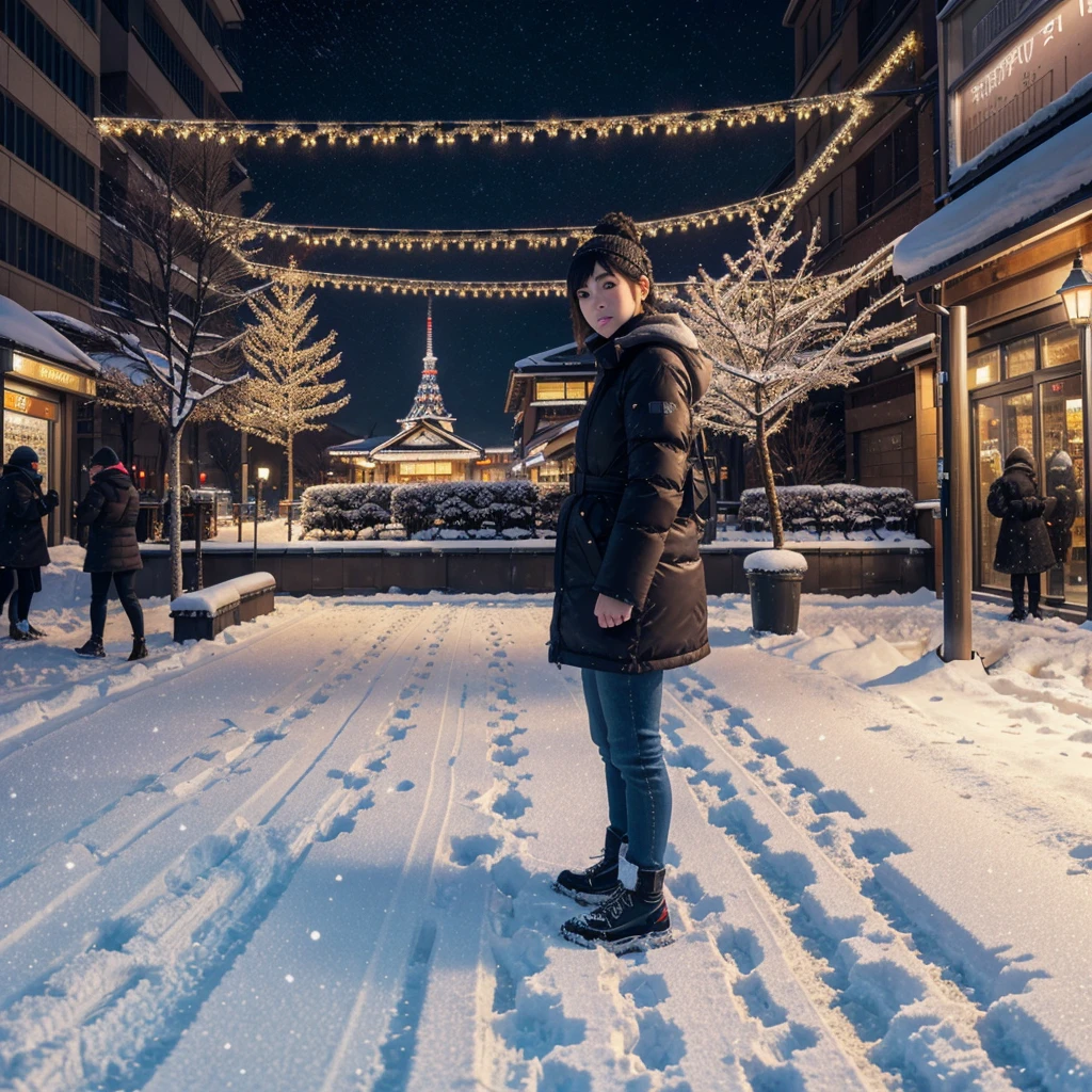 (No People), Unattended, No One, Landscape, Winter, Christmas, City, Tokyo, Sidewalk, Snow, Light Up, Night, HD Detail, Ultra Detail, Film, Hyper Realism, Soft Light, Deep Focus Bokeh, Ray Tracing, Art Station pixivgwise, Makoto Shinkai, Art Germ