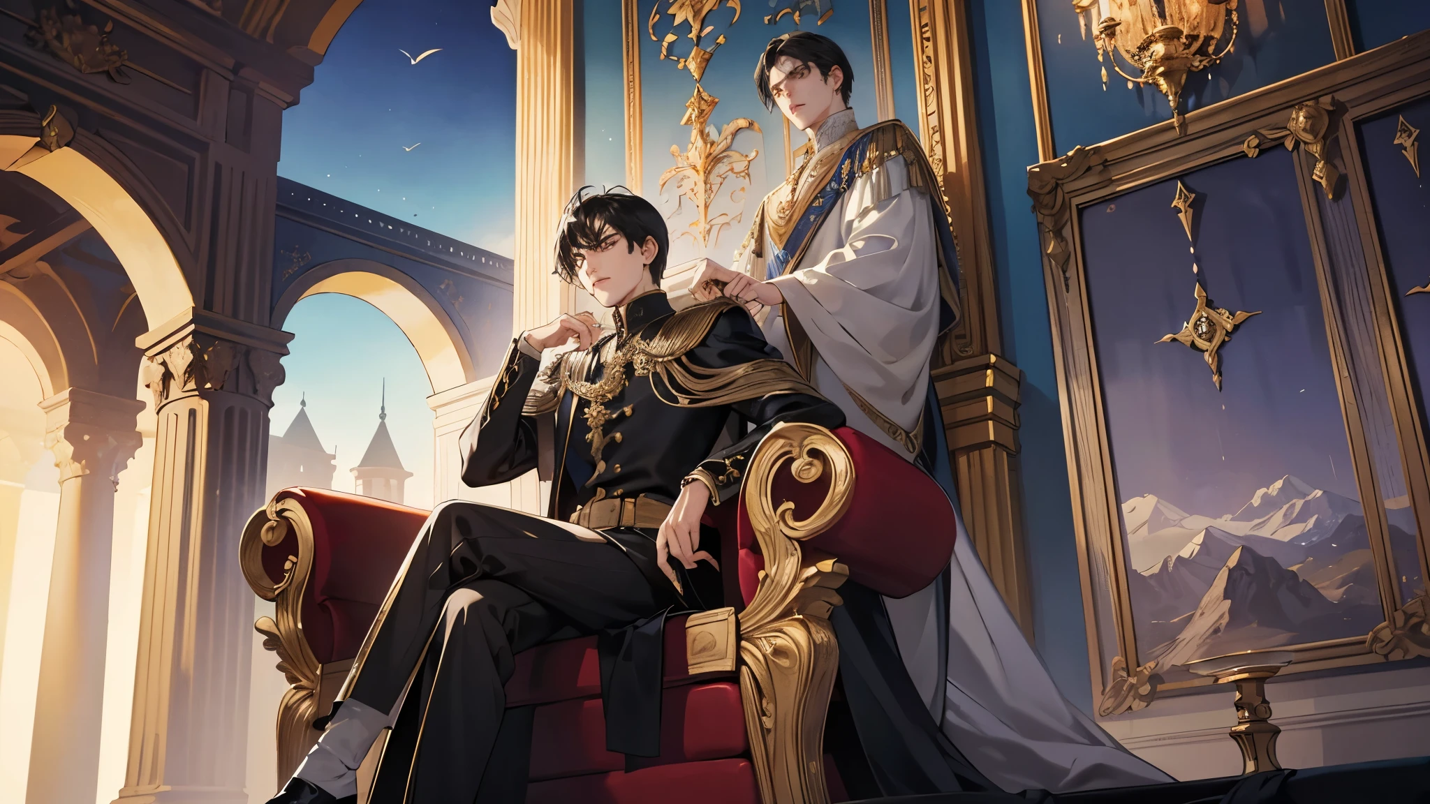 Middle Ages, Nobility, Grown up prince, black hair, short hair, the king sits on a majestic throne inside a majestic palace. The environment around it is majestic. Black Throne with silver and gemstone details. The protagonist is dressed in royal clothes., Arrogant Posture, the king&#39;s beautiful black and blue robe, with a determined expression on his face, when he looks at the horizon with glowing and piercing blue eyes, Sharp facial features, masterpiece, Best quality, Concept art in 8K resolution, Fantasy art, epic art, concept art wallpaper 4K, deep color,  ((adult, Beautiful, tall guy, big torso, broad shoulders)).