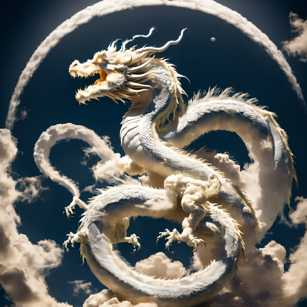 The cloud looks like the Russian Dragon Snake Gorynich, Three-headed dragon, Dragon Flying, Holding the full moon　3d　Superrealism　The wonderful light of the moon、detailed
