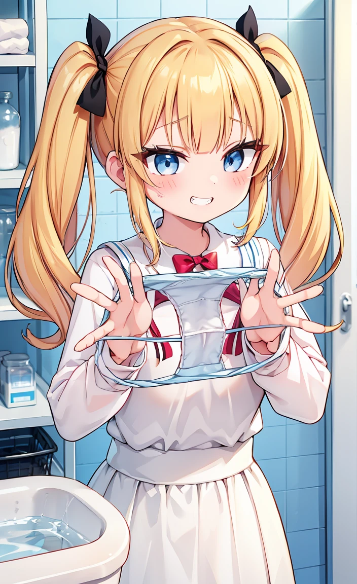 One girl,
Laundry room,washing machine, Laundry basket, a few underwears are in a Laundry basket,
Blonde, {{{Half Twin Tail:1.3}}}、break,blush, bow, 赤いbow, Long sleeve, shirt, 襟付きのshirt, skirt, プリーツskirt, 黒いskirt, Small breasts,
{{{Face close-up}}},Upper Body,,Pay attention to the panties,Quality underwear,Wet panties looking down,View your viewers,
Panties as a gift,
Tabletop, Highest quality, , Absurd, Perfect Skin, Detailed skin texture, Ultra-detailed, 8K, Intricate details, Beautifully detailed face,High resolution,
 {{{Shadowed face}}}, mock, {{{Grit your teeth:1.2}}}, Grin, smile, Looking down at the viewer, masterpiece,Absurd, Beautiful detailed face when viewed from the front,