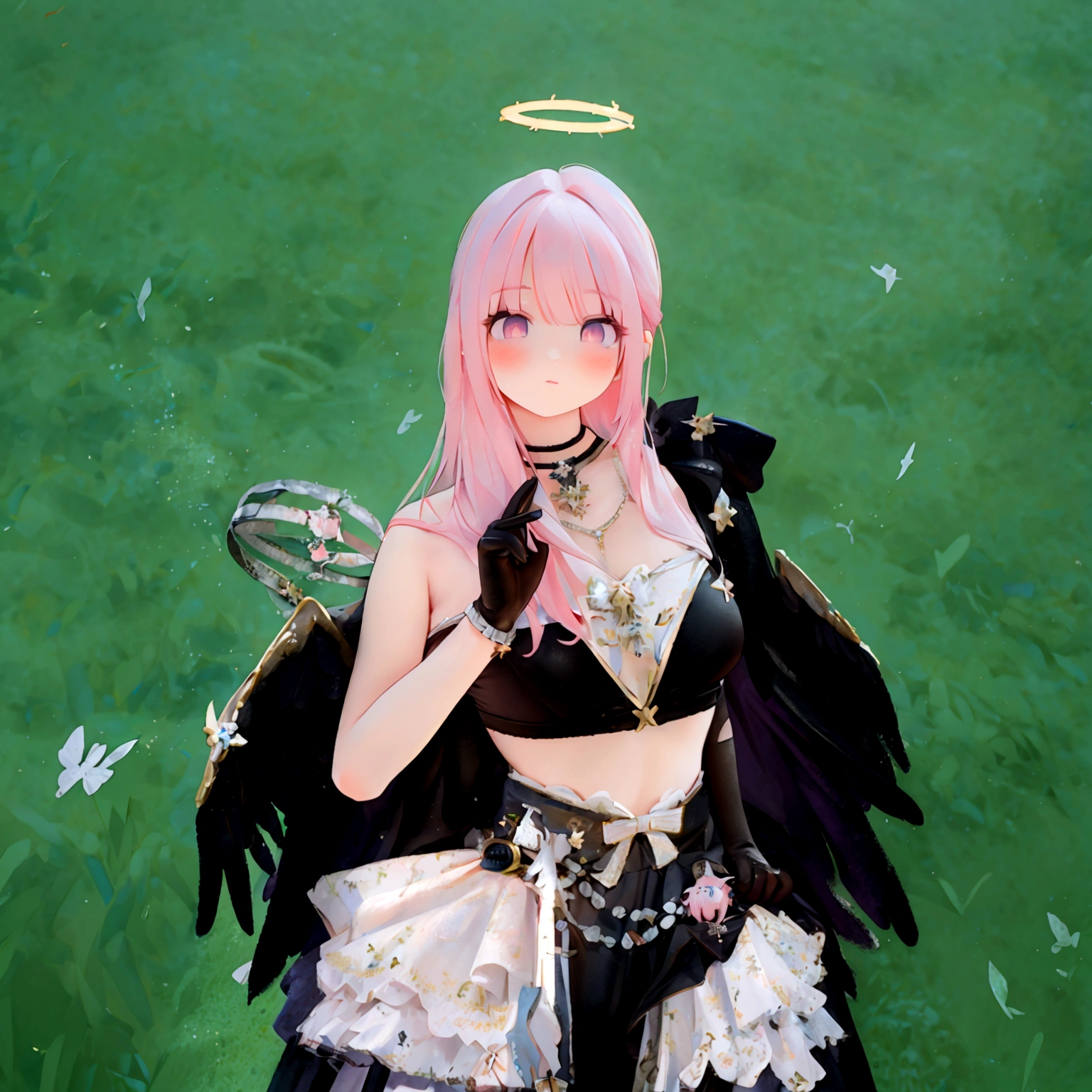 there is a woman with pink hair and angel wings posing, wearing angel halo, young wan angel, full - body majestic angel, wearing angel, villainess has black angel wings, angelic halo, angel halo, angel knight girl, as a mystical valkyrie, of an beautiful angel girl, kda, epic angel wings, npc with a saint's halo, angel knight gothic girl