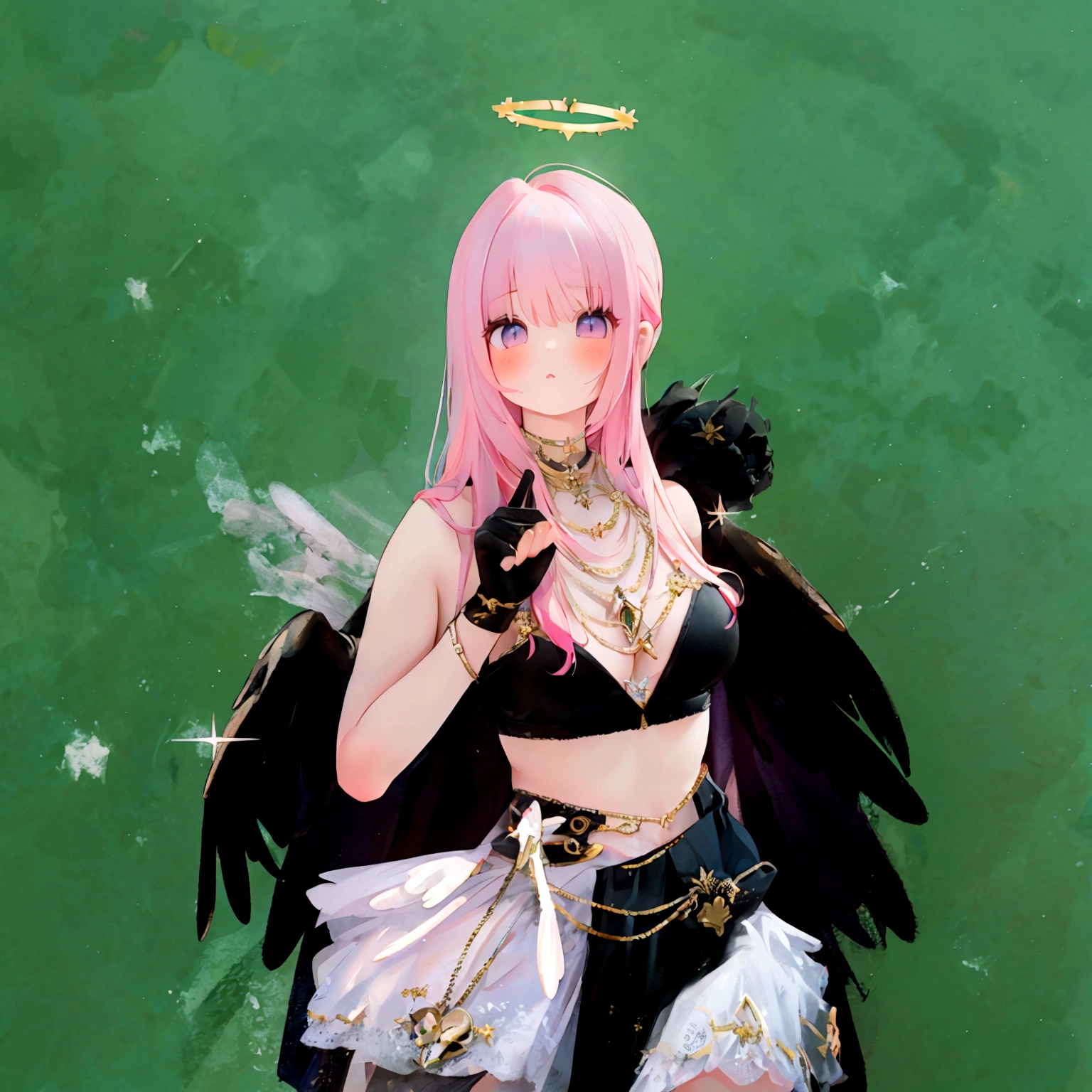 there is a woman with pink hair and angel wings posing, wearing angel halo, young wan angel, full - body majestic angel, wearing angel, villainess has black angel wings, angelic halo, angel halo, angel knight girl, as a mystical valkyrie, of an beautiful angel girl, kda, epic angel wings, npc with a saint's halo, angel knight gothic girl