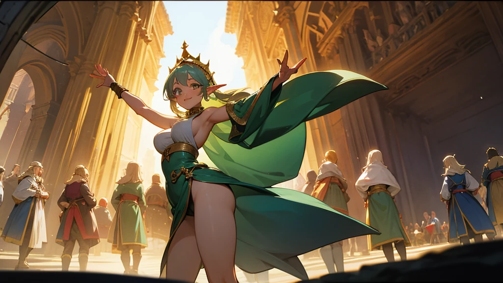 Anime Style,Nostalgic,A detailed background with many people,The medieval world,A palace-like cave,Smiling dancing elf girl,Large Breasts,Healthy thighs,Underarm