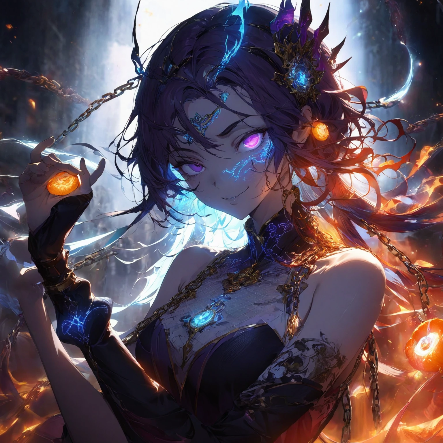 Woman with the super power Chain Soul,Dark and dramatic background,Hints of her power theme with ethereal chains,Sparks illuminating the character,Environment enhancing the fiery and powerful theme,Dynamic pose that looks natural, (nude:0.8) Conniving/scheming facial expression with narrowed, slanted eyes,Sly smirk,Arched eyebrows,Unique hairstyle,Concept art fashion outfit,Dark, intricate top with ethereal chain patterns,Arm and hand accessories with mystical symbols,Bottom with sleek, flowing fabric,Leg accessories like dark, elegant boots with ethereal accents,Hair accessories with small chains and mystical gems,Head accessory like a subtle crown or headband with glowing elements,Color scheme of dark purples, blacks, and fiery oranges,Additional elements like floating, glowing symbols,A subtle aura around the character, detailed gorgeous face| anime style| key visual| intricate detail| highly detailed| breathtaking| vibrant| panoramic| cinematic| Carne Griffiths| Conrad Roset| gibbli 8k