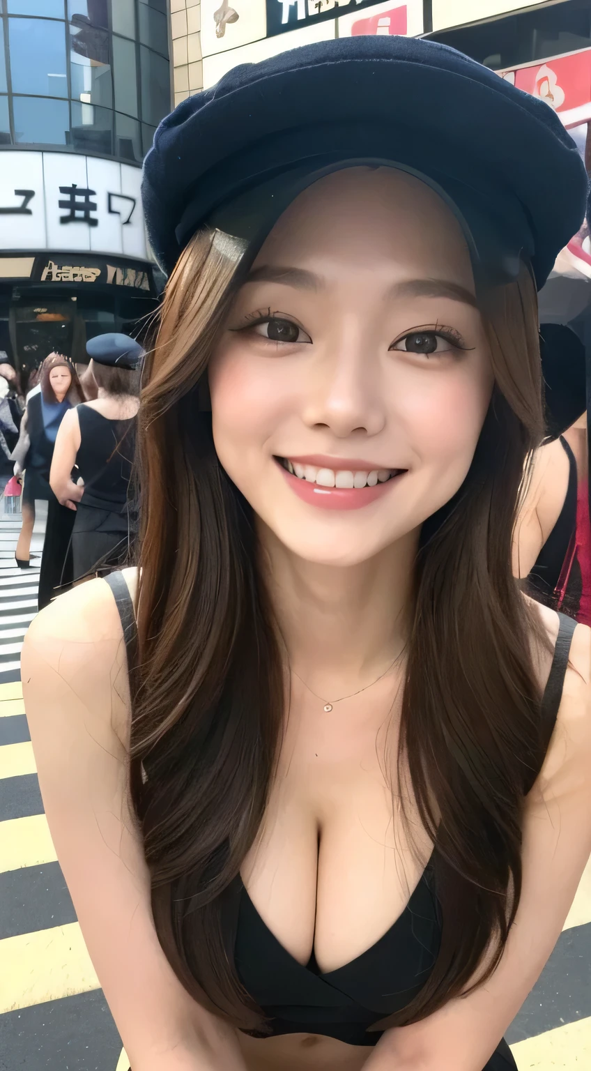 masterpiece,best quality,(Japanese ),((Beautiful girl)),cleavage,(perfect body beauty:1.2),(shy smile),beautiful teeth,(hat),(Shibuya scramble crossing),light colored hat,