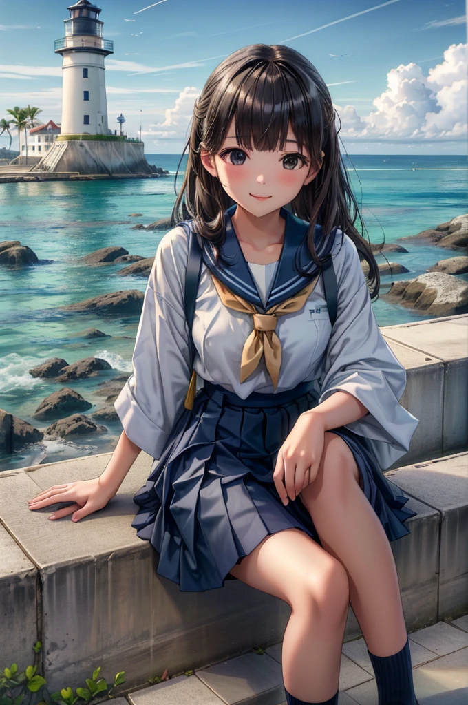 ((最high quality, 8K, masterpiece: 1.3, Ultra HD, high quality, 最high quality, High resolution, realism)) 、Very beautiful 18 year old Japanese schoolgirl、I'm wearing a sailor suit、Wearing a navy blue pleated skirt、Wear loafers、Hair  is light brown、black eye、Medium Hair、Straight hair、smile、sit on a high breakwater on the beach、The blue sky is beautiful、There is a road in front of the breakwater..、The sea is beautiful、Beautiful horizon、 An island is visible offshore、Entering the clouds above the horizon、Island Lighthouse