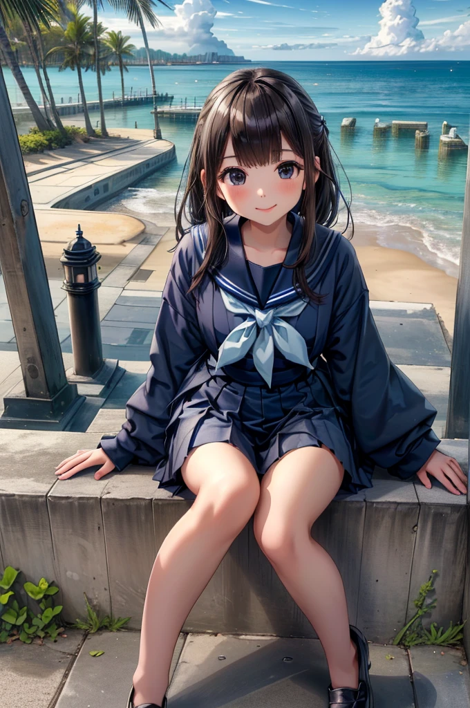 ((最high quality, 8K, masterpiece: 1.3, Ultra HD, high quality, 最high quality, High resolution, realism)) 、Very beautiful 18 year old Japanese schoolgirl、I'm wearing a sailor suit、Wearing a navy blue pleated skirt、Wear loafers、Hair  is light brown、black eye、Medium Hair、Straight hair、smile、sit on a high breakwater on the beach、The blue sky is beautiful、There is a road in front of the breakwater..、The sea is beautiful、Beautiful horizon、 An island is visible offshore、Entering the clouds above the horizon、Island Lighthouse