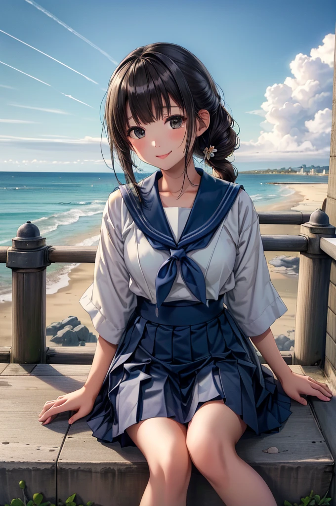 ((最high quality, 8K, masterpiece: 1.3, Ultra HD, high quality, 最high quality, High resolution, realism)) 、Very beautiful 18 year old Japanese schoolgirl、I'm wearing a sailor suit、Wearing a navy blue pleated skirt、Wear loafers、Hair  is light brown、black eye、Medium Hair、Straight hair、smile、sit on a high breakwater on the beach、The blue sky is beautiful、There is a road in front of the breakwater..、The sea is beautiful、Beautiful horizon、 An island is visible offshore、Entering the clouds above the horizon、Island Lighthouse