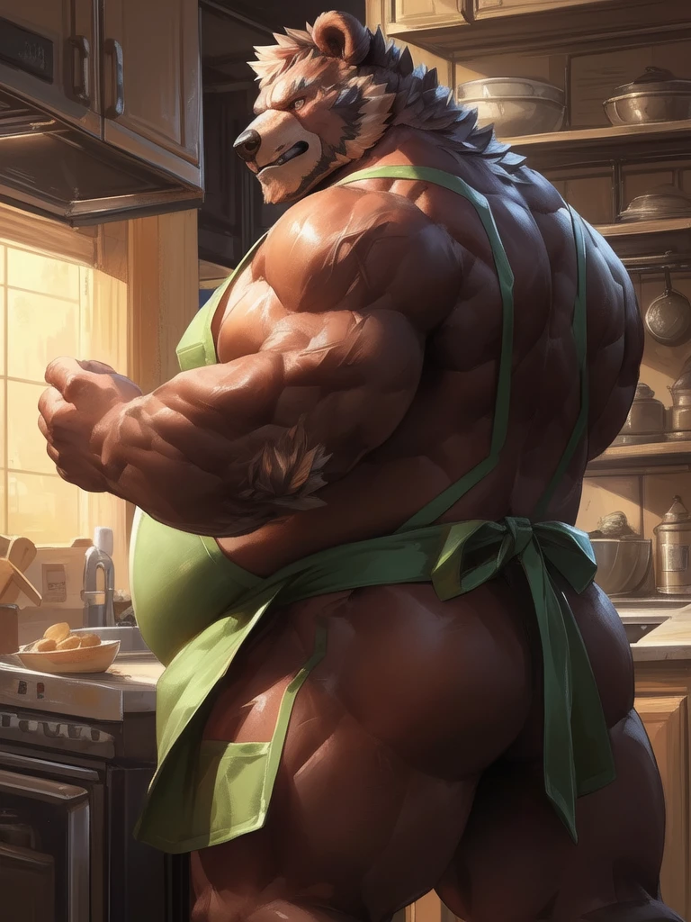 [lindong, lucusold], a man with a huge bear making a cholate, kitchen , ((muscular, belly)), apron, back view, thicc, danbooru and artstation, heavy detailed, insanely inflated hips, proportionally arms, commission for high res, detailed but rough, semirealistic:1.3