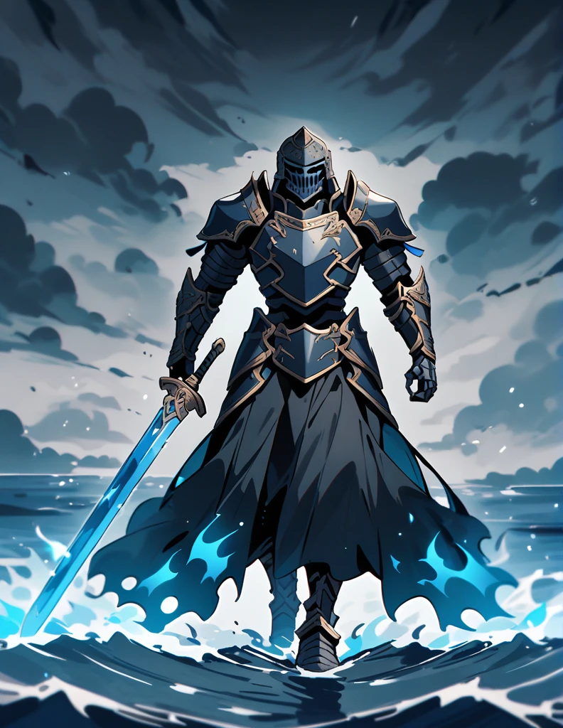 skeletons armed with swords, walking through the ocean with blue flames, on a stormy gray night, killing a soldier in armor