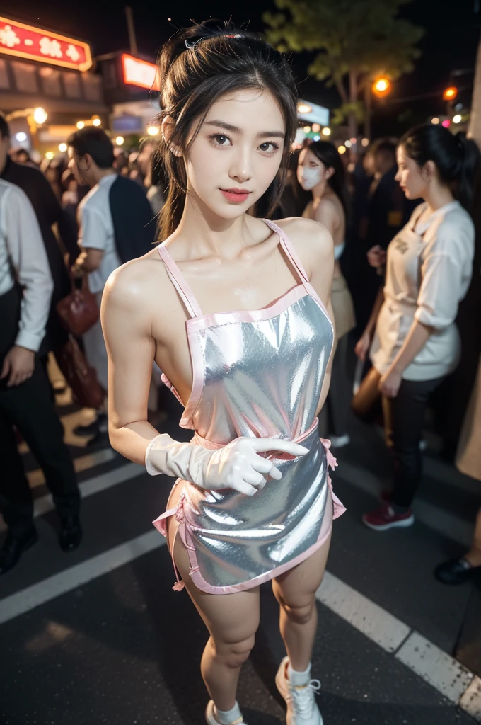 (((best quality))),(((ultra detailed))),(((masterpiece))),illustration,((1 beautiful girl,solo)),((slim,thin)),((small breasts,flat chest)),summer night,metropolis,((barbecue joint)),humble,vibrant energy,city that never sleeps,(short ponytail:1.2),(((female orgasmic,blush))),(sweat:1.3),(shiny skin:1.5),(sheer apron:1.3),((bare shoulders,bare arms)),(gloves:1.3),((slender legs,sneakers)),(standing:1.3),lightweight,practicality,((sizzling hot grill)),smooth,tanned skin,soft glow,skillfully,((skewers,meat)),intense concentration,bright eyes,alert,passion for work,atmosphere,vibrant,dynamic,laughter,conversation,sizzle,crackle,aromatic scent,tinged,radiant smile,genuine enjoyment,easy manner,warm presence,community,dedication,beauty in simplicity,midst of bustling city streets,outdoor,midnight,((from front,full body)),(surrounded by crowded crowds:1.3)