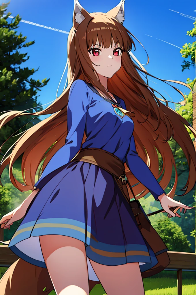 (masterpiece:1.3), (best quality:1.1), (8k, ultra detailed, ultra high res:1.2), ((anime style:)), (perfect 5 fingers:1.1), perfect anatomy, 
1girl, wolf girl, 
pastel color, colorful,
BREAK long hair, wolf ears, fuffy hair in the ears, 
brown hair, 
red eyes, BREAK blue T-shirt, brown skirt, long skirt, 
small breasts,   
BREAK looking at viewer, 
cowboy shot, 
standing, 
perfect light, 
outdoor, outside, forest, sky, 