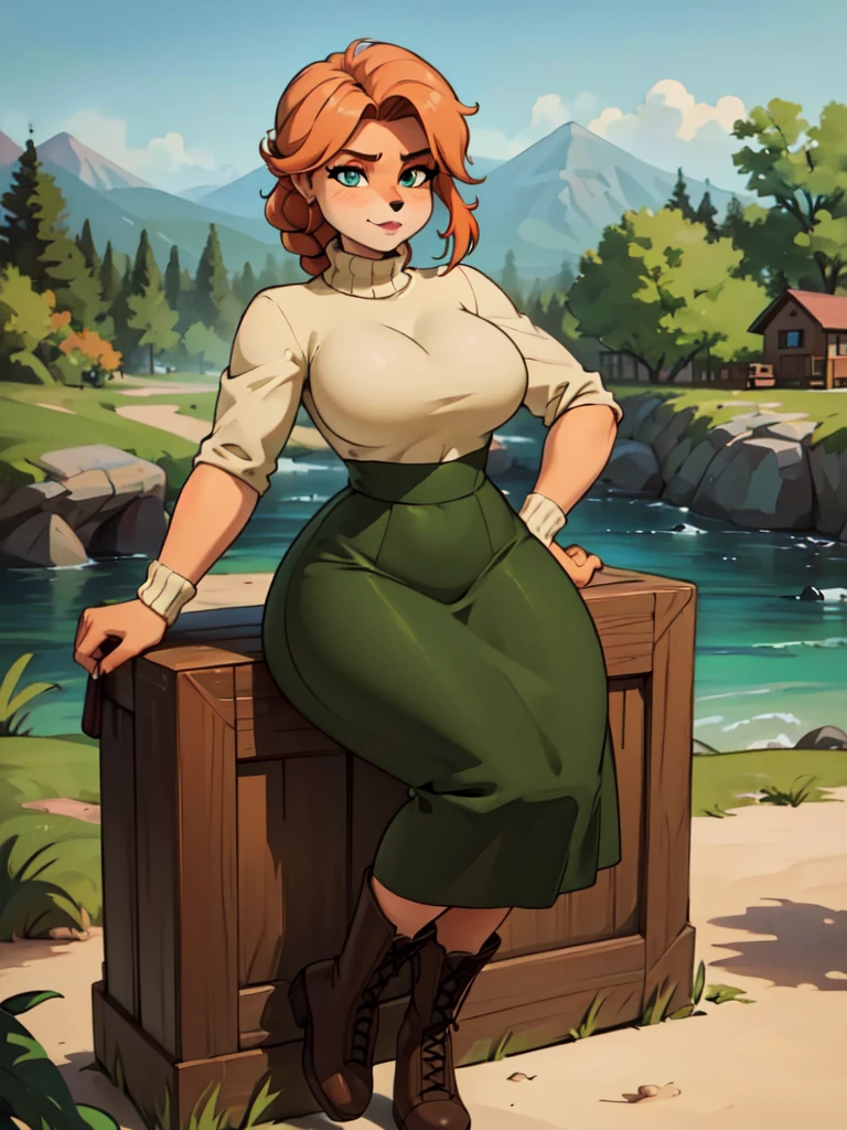 (best quality,4k,8k,highres,masterpiece:1.2),ultra-detailed,realistic:1.37,portrait,anthro bandicoot girl redhead, braided hair, beautiful green eyes, relaxing moment, sexy ,seductive, warm sweater dress, long skirt , black stocking, army boots,