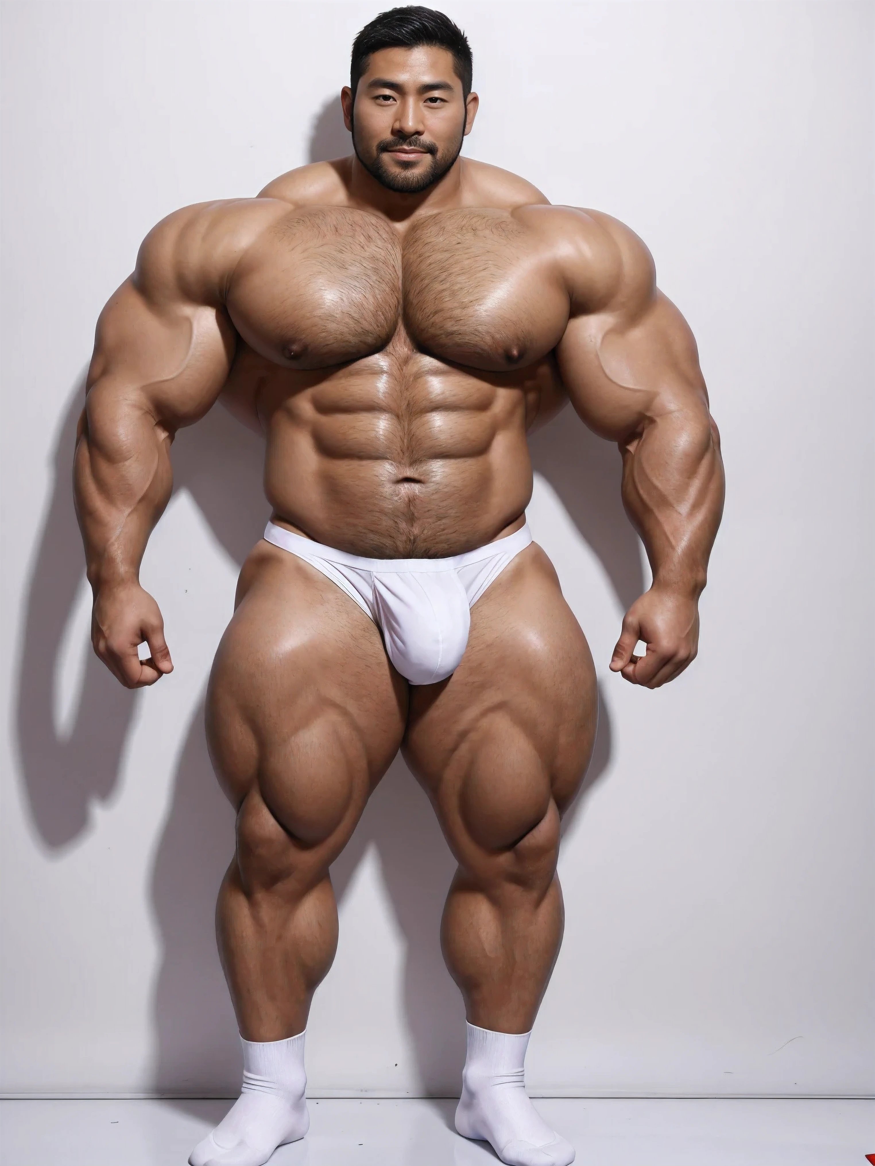 There is only one handsome Asian actor in the photo,35 years old,High target, Fitness,short hair, O-Shaped Beard,Perfect body, Dark skin color,Radiant Skin,Smooth skin,Shiny, shiny skin,Smooth pectoral muscles,No chest hair,No body hair,Muscle bulge, muscular, Very large pectoral muscles,Very sexy abdominal muscles,Very well-developed leg muscles,Huge concave and convex area,Brightens oily skin,Wearing white thong,Handsome face,Correct and accurate male body proportions for wearing white socks, Standing in front of a flower background。