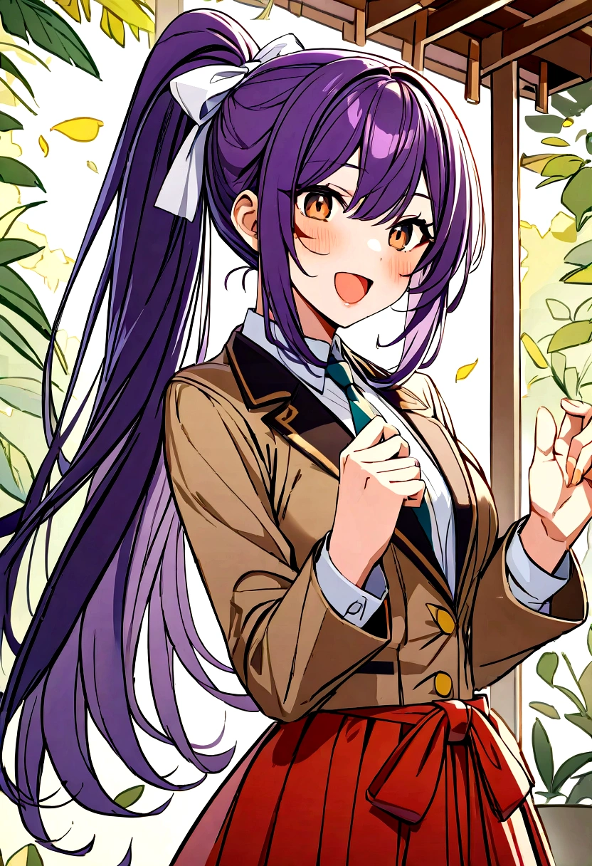 long hair
purple hair
ponytail
brown eyes
scar on face
white hairbow
red hakama
aUtahim