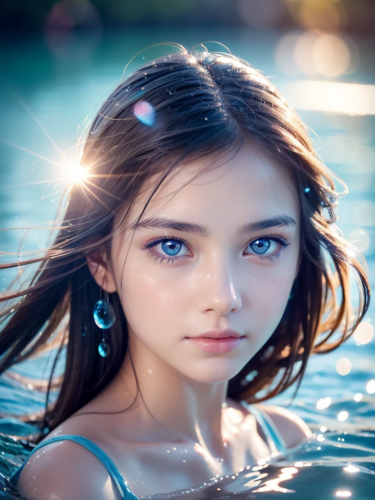 A beautiful girl with dreamy blue cornflower eyes, perfect depth of field, lovely lens flare accents, extremely detailed facial features, a beautiful background with a transparent water surface and floating water droplets, a stunning photograph capturing the beauty of the girl and the water.