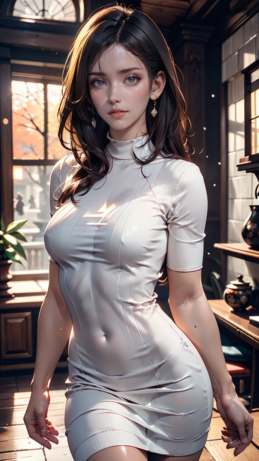 8K, RAW Photos, Realistic: 1.25), (Lip gloss, eyelash, Glossy face, Shiny skin, Highest quality, Ultra-high resolution, Depth of written boundary, chromatic aberration, Caustics, Moisturized lips, Super Trimmed Face, Sparkling, detailed eyes, Black Hair, semi-long, fashionable, Tight knit dress, thin