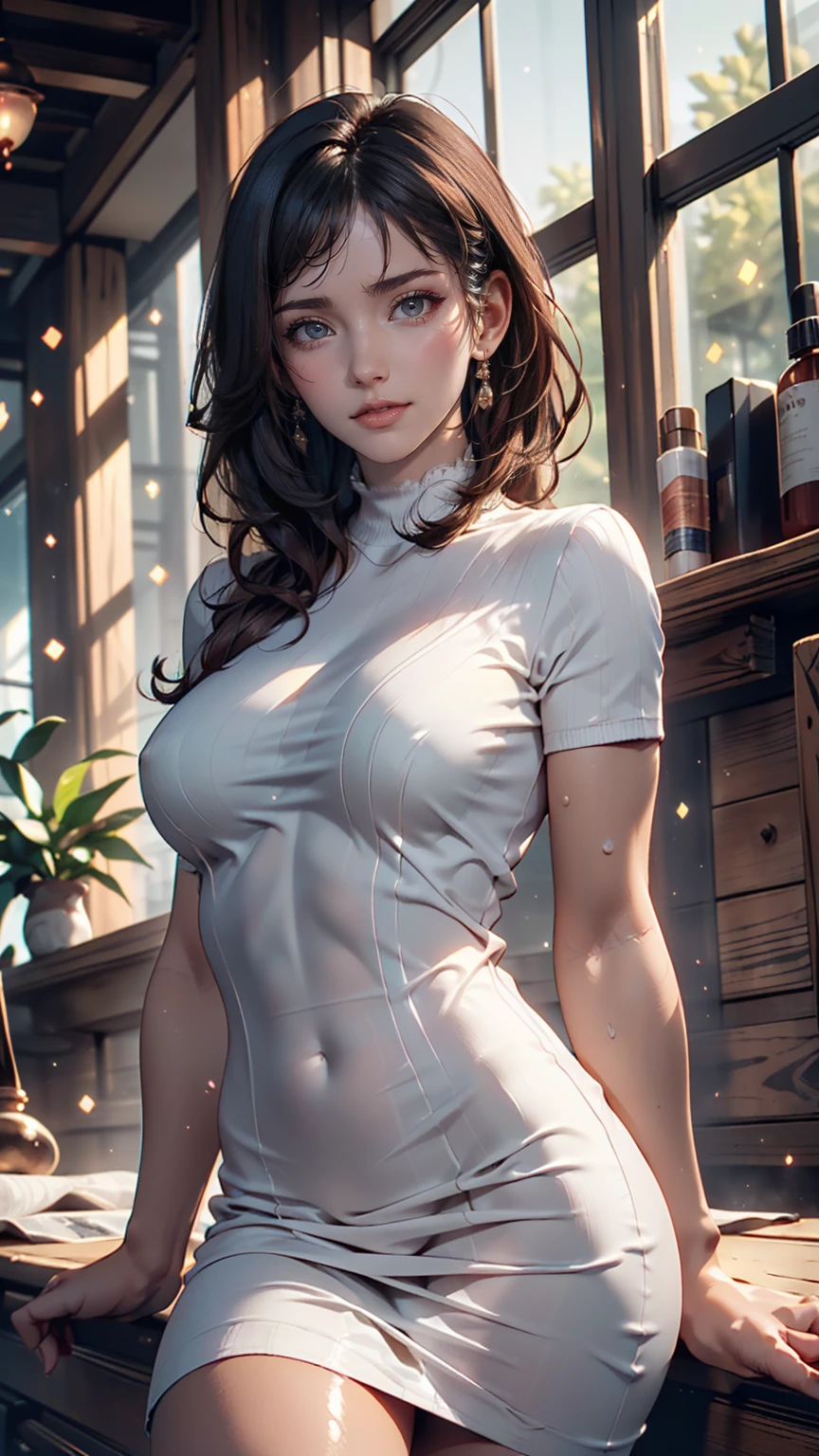 8K, RAW Photos, Realistic: 1.25), (Lip gloss, eyelash, Glossy face, Shiny skin, Highest quality, Ultra-high resolution, Depth of written boundary, chromatic aberration, Caustics, Moisturized lips, Super Trimmed Face, Sparkling, detailed eyes, Black Hair, semi-long, fashionable, Tight knit dress, thin