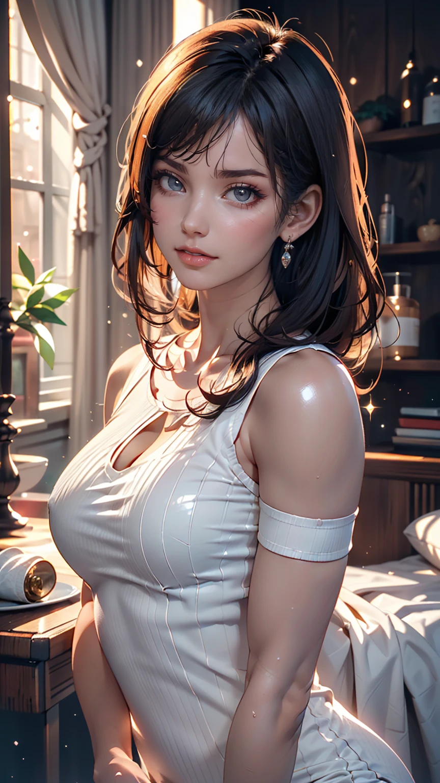 8K, RAW Photos, Realistic: 1.25), (Lip gloss, eyelash, Glossy face, Shiny skin, Highest quality, Ultra-high resolution, Depth of written boundary, chromatic aberration, Caustics, Moisturized lips, Super Trimmed Face, Sparkling, detailed eyes, Black Hair, semi-long, fashionable, Tight knit dress, thin