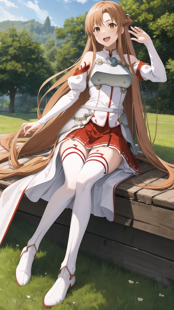 masterpiece, best quality, highres, aaasuna, long hair, brown hair, braid, brown eyes, bare shoulders, armor, breastplate, white sleeves, detached sleeves, red skirt, pleated skirt, white thighhighs boots, waving, smile, leaning forward, open mouth, town, fantasy,