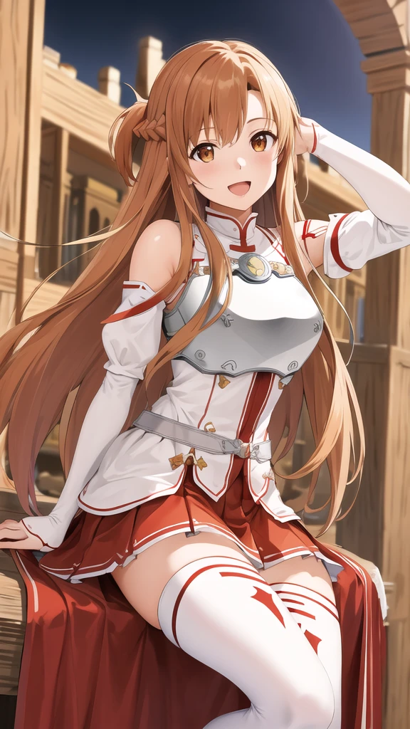 masterpiece, best quality, highres, aaasuna, long hair, brown hair, braid, brown eyes, bare shoulders, armor, breastplate, white sleeves, detached sleeves, red skirt, pleated skirt, white thighhighs boots, waving, smile, leaning forward, open mouth, town, fantasy, 