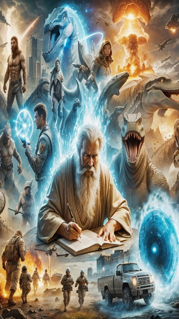 A being of light, God writes on a notebook, is in the middle of various scenarios, observes various events around him. a caveman walks. an angry dinosaur. a rocket takes off. a tsunami covers a city. an asteroid falls. flying saucers spin. There are soldiers next to a truck. In the background there is a clock marking time. Photorealism, full view, highly detailed image, very realistic, hyperrealism, Ultra HD, 8k, 5, sharp focus, intricate and mysterious masterpiece. (Long exposure photography Artistic illustration close-up portrait very detailed: final quality, medium shot, backlight, Rich and striking. Enigmatic and mysterious manipulations (composition of the rule of thirds), ((detailed environment with strong lines) The best quality, in camera, white light, warm and clean aesthetics, dazzling screen composed of millions of brilliant ultraviolet rays, HDR.
