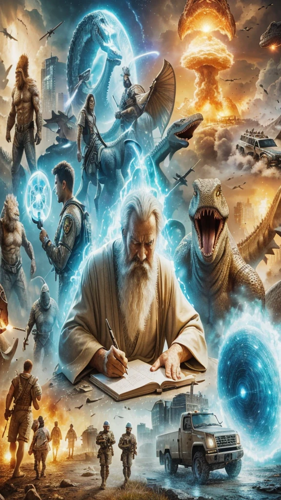 A being of light, God writes on a notebook, is in the middle of various scenarios, observes various events around him. a caveman walks. an angry dinosaur. a rocket takes off. a tsunami covers a city. an asteroid falls. flying saucers spin. There are soldiers next to a truck. In the background there is a clock marking time. Photorealism, full view, highly detailed image, very realistic, hyperrealism, Ultra HD, 8k, 5, sharp focus, intricate and mysterious masterpiece. (Long exposure photography Artistic illustration close-up portrait very detailed: final quality, medium shot, backlight, Rich and striking. Enigmatic and mysterious manipulations (composition of the rule of thirds), ((detailed environment with strong lines) The best quality, in camera, white light, warm and clean aesthetics, dazzling screen composed of millions of brilliant ultraviolet rays, HDR.