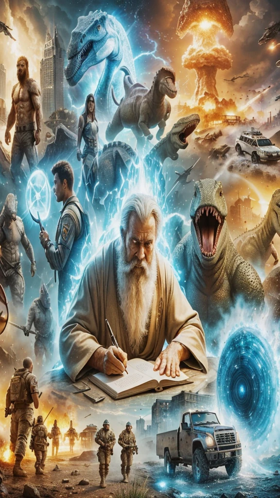 A being of light, God writes on a notebook, is in the middle of various scenarios, observes various events around him. a caveman walks. an angry dinosaur. a rocket takes off. a tsunami covers a city. an asteroid falls. flying saucers spin. There are soldiers next to a truck. In the background there is a clock marking time. Photorealism, full view, highly detailed image, very realistic, hyperrealism, Ultra HD, 8k, 5, sharp focus, intricate and mysterious masterpiece. (Long exposure photography Artistic illustration close-up portrait very detailed: final quality, medium shot, backlight, Rich and striking. Enigmatic and mysterious manipulations (composition of the rule of thirds), ((detailed environment with strong lines) The best quality, in camera, white light, warm and clean aesthetics, dazzling screen composed of millions of brilliant ultraviolet rays, HDR.