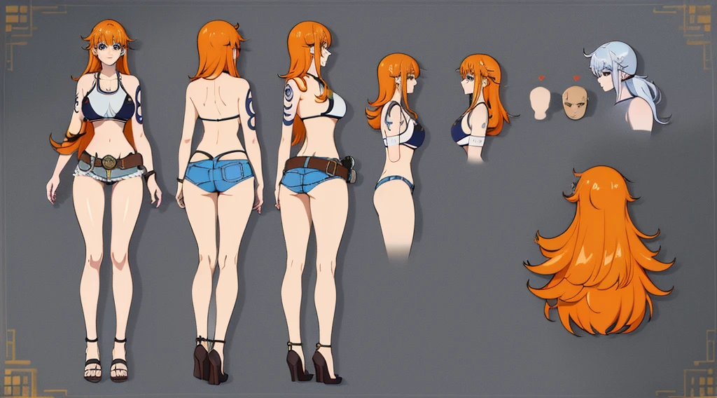 ((Best Quality)), ((Masterpiece)), (((detailed character sheet, frontal view, side view, three quarter view))) white background、one piece、US、whole body、whole bodyイラスト、whole bodyアニメーション、whole bodyリファレンスシート、denim、Tank top、High heels、Swimwear、bikini、original、New World、Long Hair、Orange Hair、Tattoo on left arm、Ring belt、Heighten your head、smile、Cute face、Narrow waist、Long legs、Beautiful feet、9 heads body