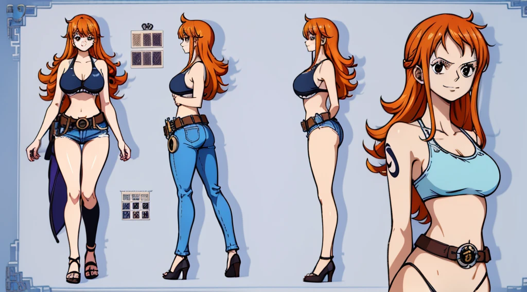 ((Best Quality)), ((Masterpiece)), (((detailed character sheet, frontal view, side view, three quarter view))) white background、one piece、US、whole body、whole bodyイラスト、whole bodyアニメーション、whole bodyリファレンスシート、denim、Tank top、High heels、Swimwear、bikini、original、New World、Long Hair、Orange Hair、Tattoo on left arm、Ring belt、Heighten your head、smile、Cute face、Narrow waist、Long legs、Beautiful feet、9 heads body