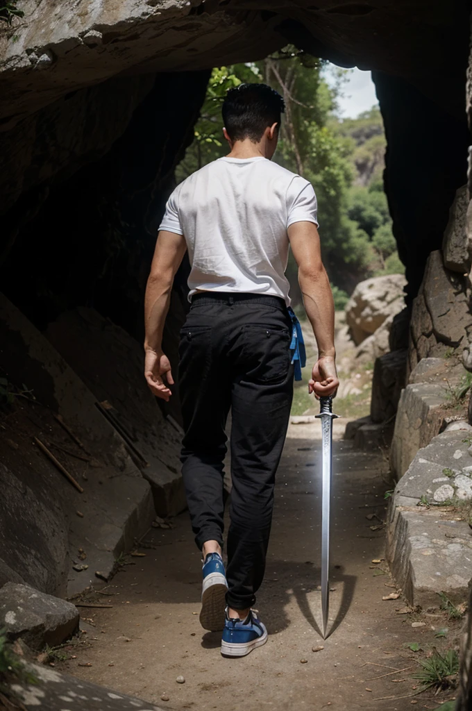 Tommy, a  wearing a white T-shirt, black pants and blue shoes, Tommy walk out from the cave with a sword on his back