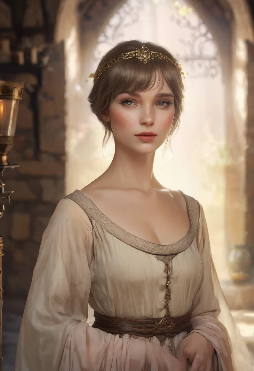 1 woman, inside a simple medieval room, wearing simple and sensual medieval courtesan clothing, detailed facial features, light and feminine eyes, detailed light skin, short hair, soft expression, dramatic lighting, cinematic composition, warm color palette, fog atmospheric, beautiful and innocent face, thin chin, beautiful woman with small and thin body, innocent appearance, small and thin body, appearance of a fairy without being a fairy (best quality, 4K, 8K, high resolution, art: 1,2), ultra-detailed, (realistic, photorealistic, photorealistic: 1.37)