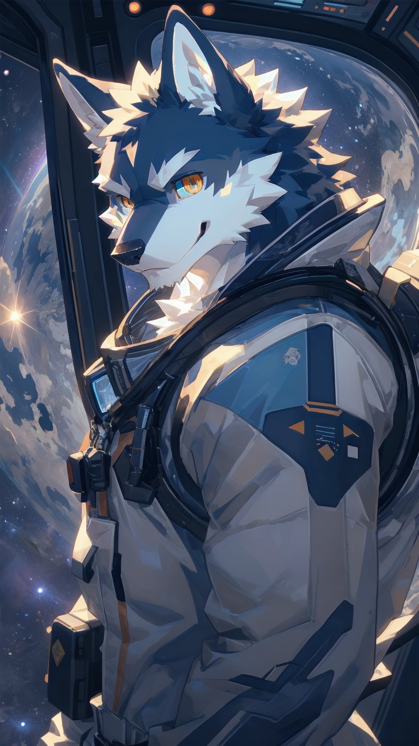 Best quality, Professional, Vivid Colors, Beautiful Lighting,
wolf, Muscular male, kemono, by zixiong, Solo, grey Fur, white body, golden eyes, pectorals, (detailed face, detailed eyes:1.5),
looking at viewer, spacesuit, space observation deck background, smirking, seductive smile,