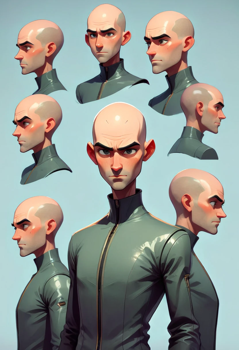 1 futuristic bald man, flat American, without any facial features, it seems that his face is lined with a type of texture, (ntf image), digital human, Character Design The character should be simple to draw, but should have distinctive and memorable features that help to make him stand out. Please generate a variety of poses and expressions for the character, and feel free to experiment with different clothing designs or accessories to help further develop his personality and style.