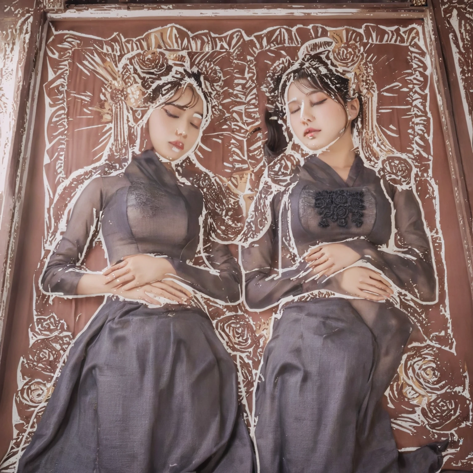 (black box:1.5), (pillows inside the box:1.5), (black background:1.5), 2 girls sleep in the box, (deep box:1.5), Best Quality, Masterpiece, Ultra High Resolution, Illustrate a beautiful girl close up dressed in kebaya, set against the backdrop of a Balinese temple. Ensure that the image is photorealistic and of top-quality 8K HDR, capturing every intricate detail of the scene.,kebaya,kebaya indonesia,p3rfect ,cleavage, round breast, beautiful eyebrows, beautiful breast, beautiful eyelashes, breast fixed, (eyebrows fixed), body fixed, (big boobs:1.5), (closed mouth), Korean face, 22 years old, (superb embriodery:1.6), (sexy cleavage:1.2), (clean face:1.5) , Saturated colors, More Detail, beautiful face, (closed eyes:1.5), (sleeveless:1.5), (legs straight:1.5), (absolute cleavage:1.5), (visible breast:1.5), (big skirt:1.5), (ball skirt:1.5)