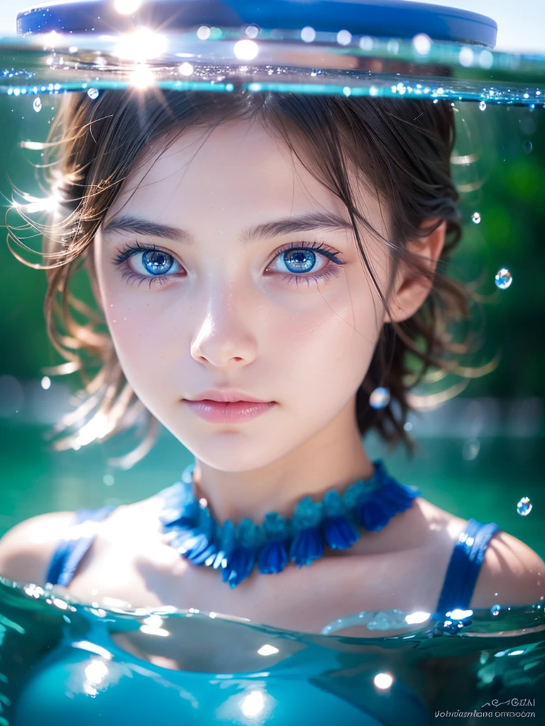A  beautiful girl with dreamy blue cornflower eyes, perfect depth of field, lovely lens flare accents, extremely detailed facial features, a beautiful background with a transparent water surface and floating water droplets, a stunning photograph capturing the beauty of the girl and the water.