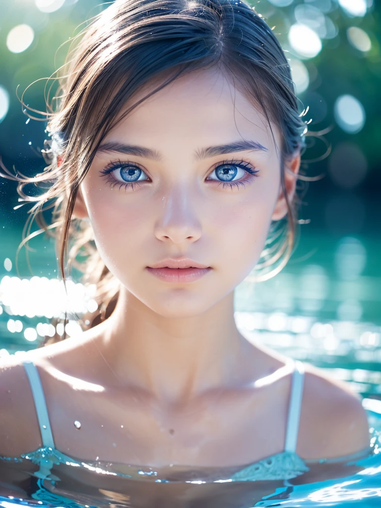 A beautiful girl with dreamy blue cornflower eyes, perfect depth of field, lovely lens flare accents, extremely detailed facial features, a beautiful background with a transparent water surface and floating water droplets, a stunning photograph capturing the beauty of the girl and the water.